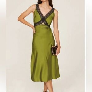 Samantha Sipos Nasrin Green Satin Lace Trim Slip Dress Size Xsmall Preowned